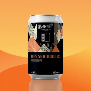 Belleville x Mondo Collab – Introducing Hey Neighbour. Product shot of the Hey Neighbour can featuring an illustrated orange, cream and black mountain range on the label