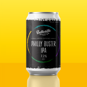 Introducing Philly Buster IPA. An image of a can of Belleville Philly Buster beer displayed on a yellow gradient backdrop.