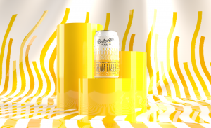 Deep Dive into London Steam Lager. A vector image of a can of London Steam Lager balanced on top of a glossy yellow podium with a yellow steam motif in the background.