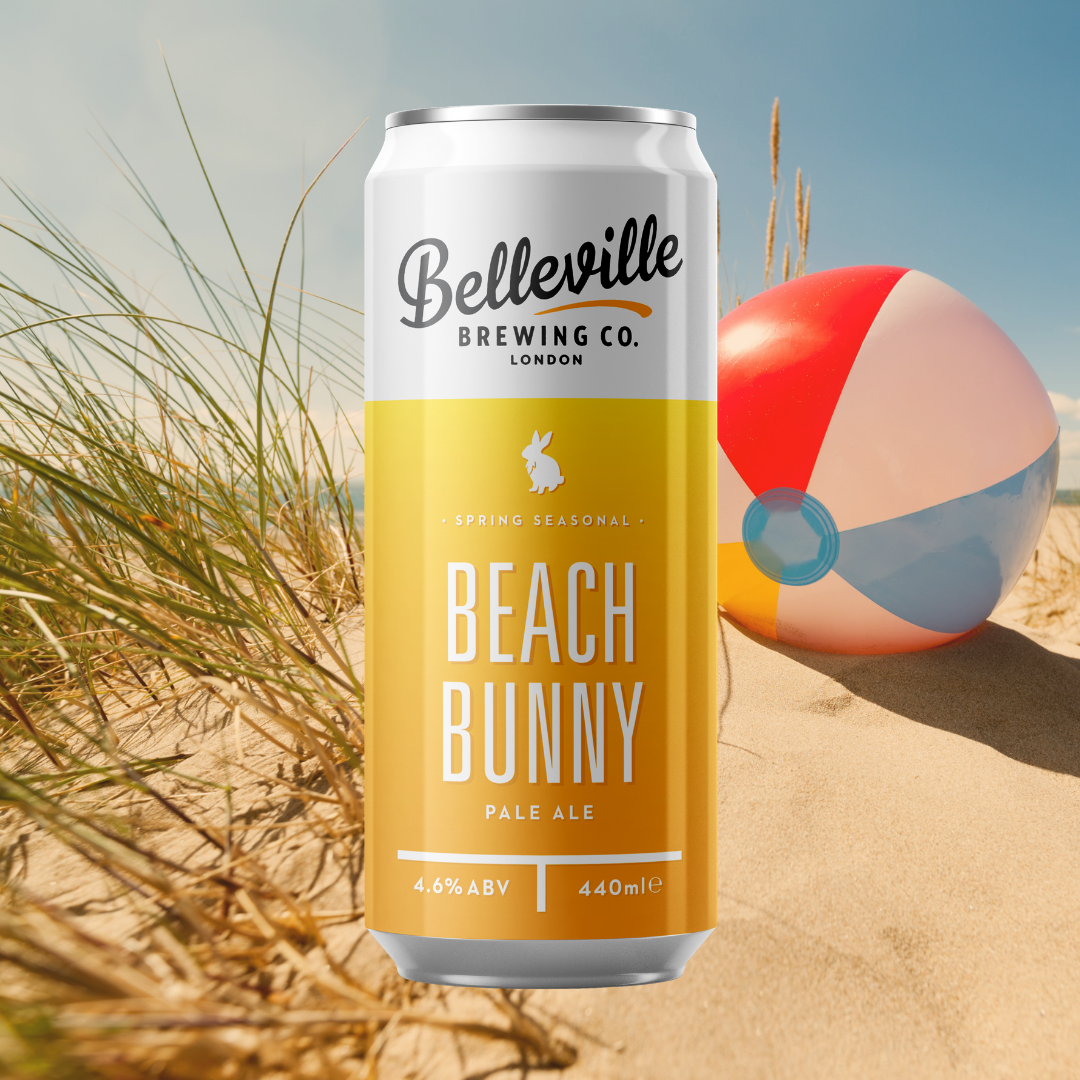 Deep Dive into Beach Bunny Pale Ale. Vector image of an orange, yellow gradient 440ml can of Beach Bunny with a beach and beachball in the distance.